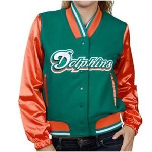 Miami Dolphins NFL Womens Three Cheers Varsity Jacket, Orange and Green